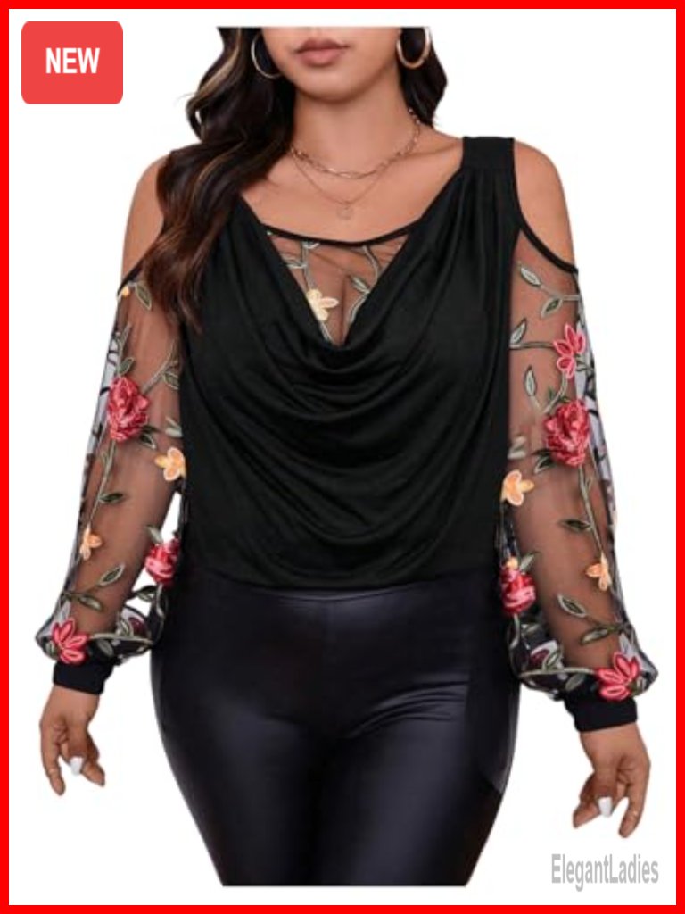 Women's Plus Size Floral Embroidered Tees Sheer Mesh Top Cold Shoulder Long